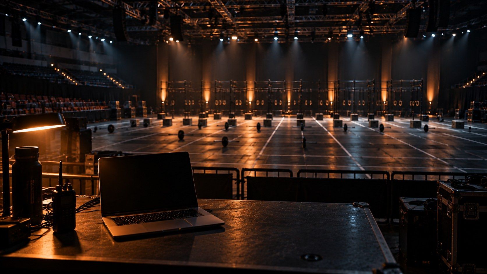 A competition hall the night before an event, seen from the control table: taped lanes and racked equipment under the lights, nobody on the floor.