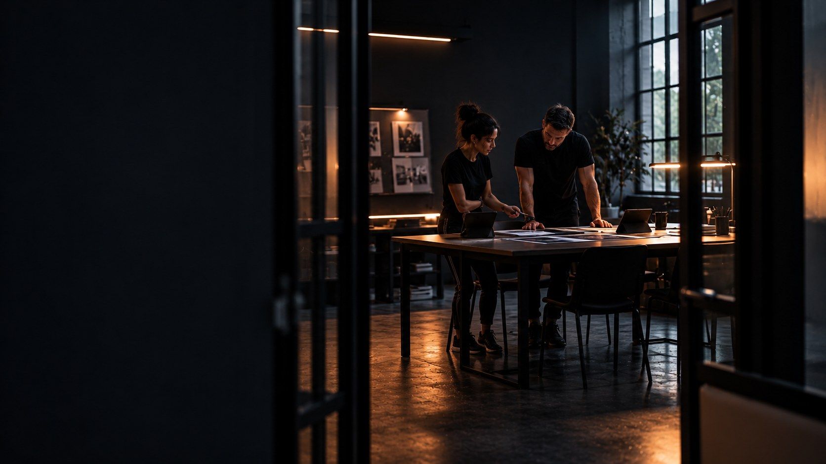 Two people at a large table in a dark studio, looking down at printed layouts, seen through a doorway.